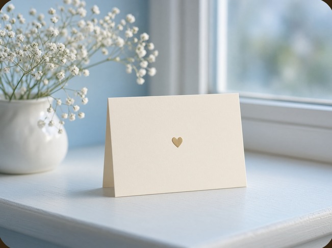 Cream affirmation card with a gold heart standing on a windowsill beside baby’s breath