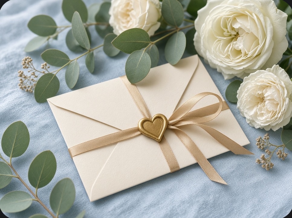 Cream envelope tied with a gold ribbon and heart, surrounded by white roses and eucalyptus