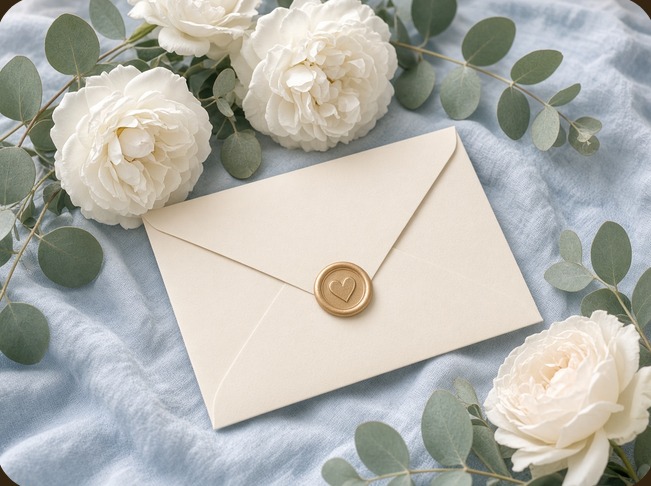 Cream envelope with a gold heart seal among white roses and eucalyptus on blue linen