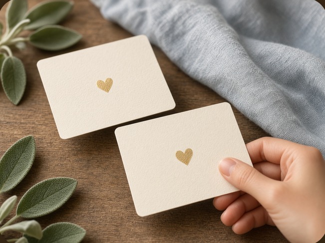 Two cream Pass It On cards with gold hearts, one held in a hand